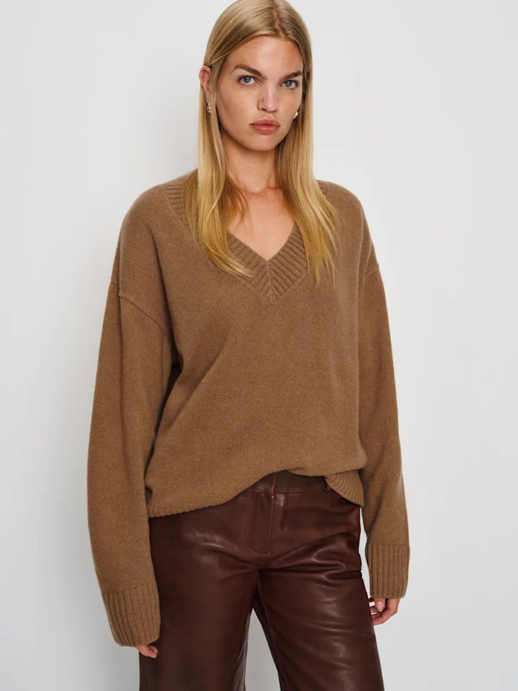 Reformation Cashmere Brown V-Neck Cashmere Sweater